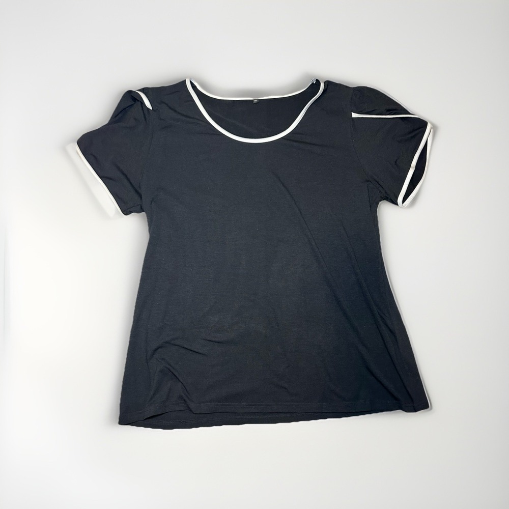 Y2K Black Contrast Trim Puff Sleeve XL Shirt Coquette Chic Soft Girl Minimalist